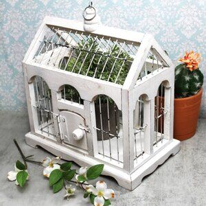 Vintage White Decorative Bird Cage - Wood & Wire Rectangle